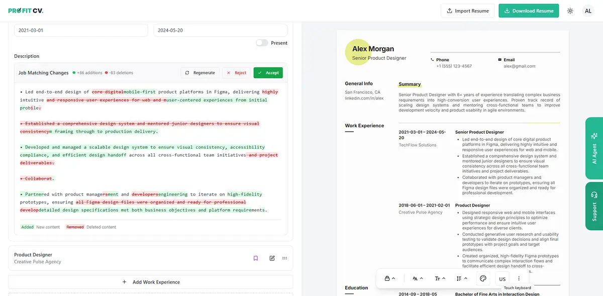 KI-Anpassung des Lebenslaufs in ProFitCV mit Vorher-Nachher-Vergleich