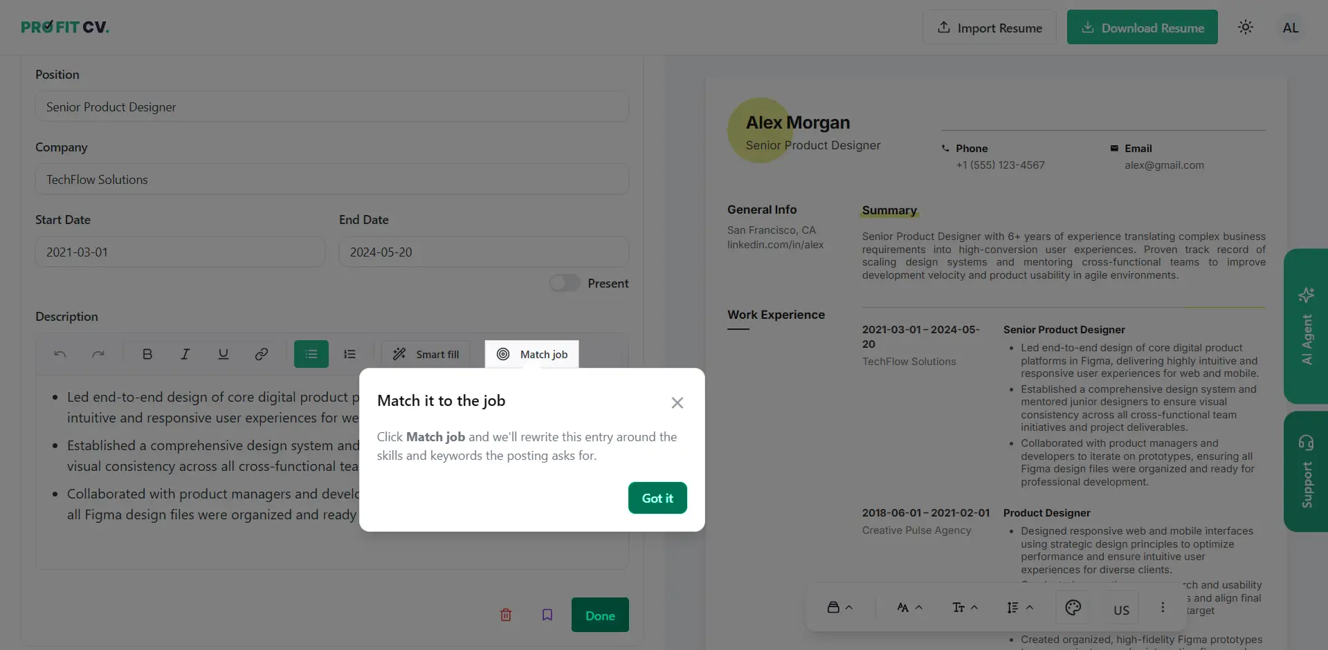 Match-job-Schaltfläche im Lebenslauf-Editor von ProFitCV